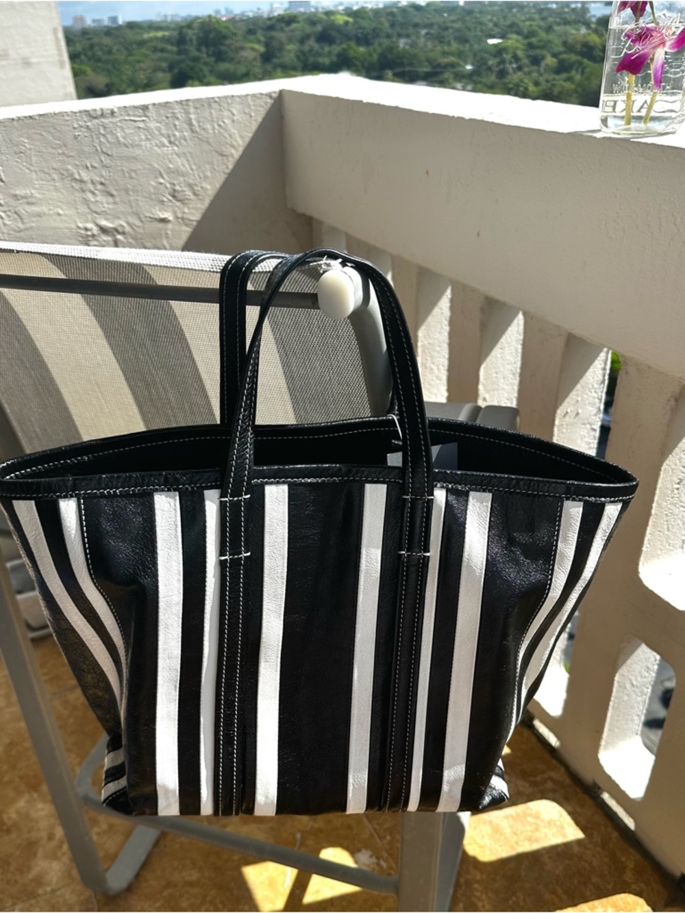 Balenciaga Barbes East-West Shopper Tote Black White Striped Leather Bag - Picture 8 of 16